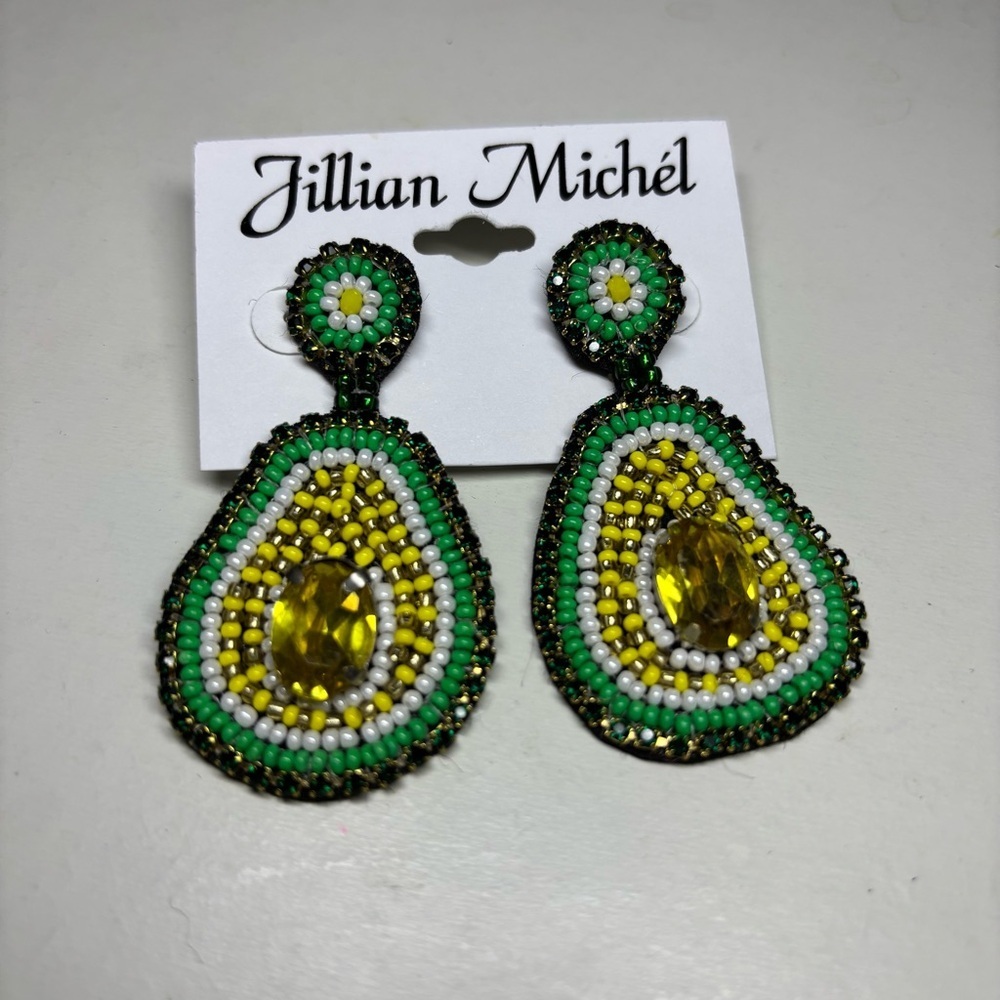 Jillian Michel Green and Yellow Avocado Half Beaded Earrings NWT